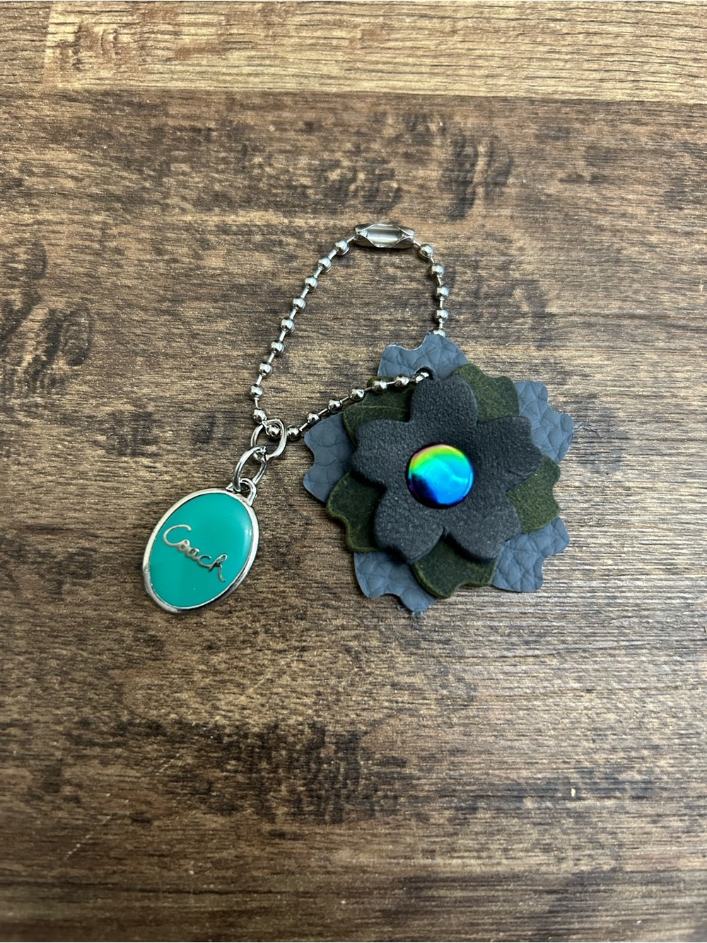 Upcycled Coach Teal Medallion Leather Flower Bag Charm/Keychain Charm